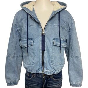 Ashley Vintage Charm Crop Sherpa lined denim jean hooded western jacket Medium